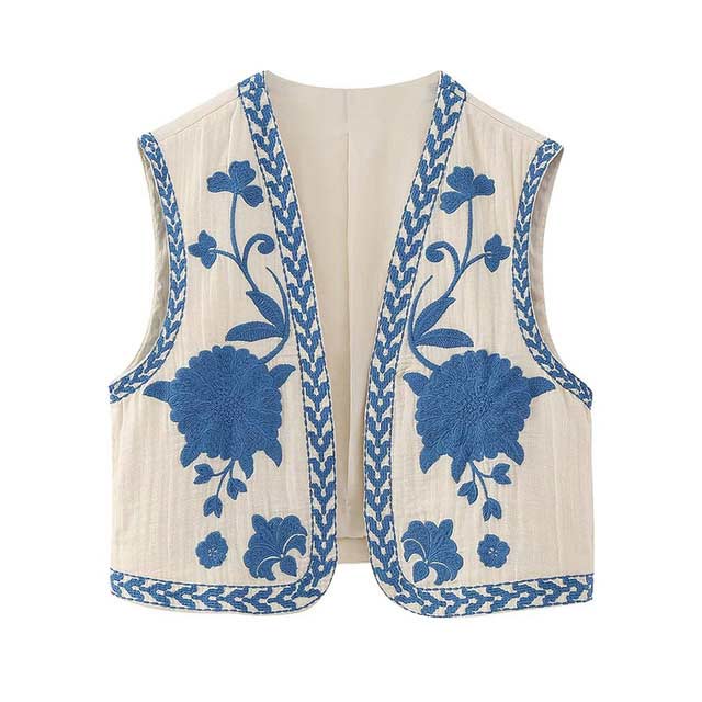 Vintage Floral Embroidered Indie Hippe Open Waist Coat Jacket - Blue - XSMALL: Shoulder: 15.8 inch (40 cm) Bust: 37 inch (94 cm) Length: 16.9 inch (43 cm)
SMALL: Shoulder: 16.1 inch (41 cm) Bust: 38.6 inch (98 cm) Length: 17.3 inch (44 cm)
MEDIUM: Shoulder: 16.5 inch (42 cm) Bust: 40.2 inch (102 cm) Length: 17.7 inch (45 cm)
LARGE: Shoulder: 16.9 inch (43 cm) Bust: 42.6 inch (108 cm) Length: 18.1 inch (46 cm) in Coats, Jackets, Jumpers & Streetwear