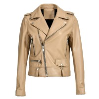 Rivet Decorated Genuie Leather Classic Motorcycle Biker Jackets - Beige