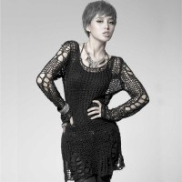 Long Sleeves Knitting Holes Stylish Punk Style Transparent Pullover Strpitted O Neck Sweater Tops - Black