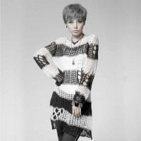 Long Sleeves Knitting Holes Stylish Punk Style Transparent Pullover Strpitted O Neck Sweater Tops - White