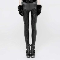 Elastic Waistband Flowers Embroidery Leggings Vintage Gothic Embossed Mesh Lace Pants - Black