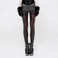 Elastic Waistband Flowers Embroidery Leggings Vintage Gothic Embossed Mesh Lace Pants - Red