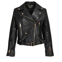 Button Decorated Genuie Leather Short  Coats Belts Motorcycle Biker Jackets - Black