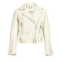 Button Decorated Genuie Leather Short  Coats Belts Motorcycle Biker Jackets - White