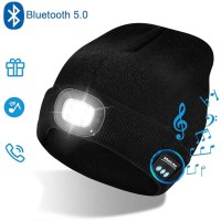 Wireless Headphone USB Rechargeable Lighted LED Beanie Outdoor Winter Hat - Black