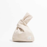 Japanese Mini Wrist Knot Corduroy Foldable Shopping Bags - Beige