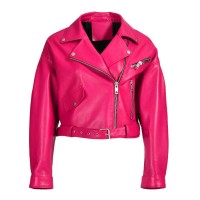 Button and Zip Decorated Genuie Leather Short Coats Belts Motorcycle Biker Jackets - Fuschia