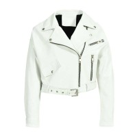 Button and Zip Decorated Genuie Leather Short Coats Belts Motorcycle Biker Jackets - White