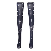 Shiny Transparent Elastic Long Butterfly Cross Halloween Print Stockings - Black