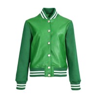 Baseball Hiphop Style Streetwear Unisex Genuine Leather Bomber Jackets - Green