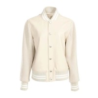 Baseball Hiphop Style Streetwear Unisex Genuine Leather Bomber Jackets - Ivory White