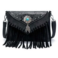 Multi-functional Designer American Midwest Pattern Print Fringes Handbag - Black Flock Faux Leather