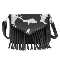 Multi-functional Designer Cowhide Pattern Print Fringes Handbag - Black Flock