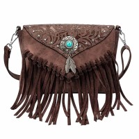 Multi-functional Designer American Midwest Pattern Print Fringes Handbag - Brown Flock Faux Leather