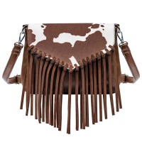Multi-functional Designer Cowhide Pattern Print Fringes Handbag - Brown Flock