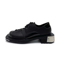 Round Toe Chunky Heels Metal Decorated Lace Up Gothic Punk Loafers - Black