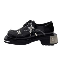 Round Toe Chunky Heels Cross Decorated Lace Up Gothic Punk Loafers - Black