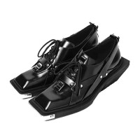 Square Toe Chunky Wedges Heels Metal Decorated Lace Up Gothic Punk Loafers - Black