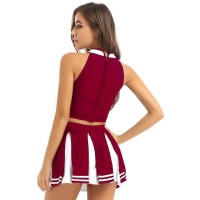 Cheerleader Cosplay Uniform Sleeveless Crop Top with Mini Skirt Costumes - Wine Red