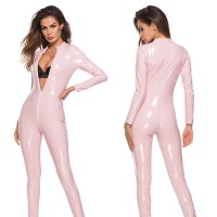 Wetlook Latex Pole Dance Nightclub Erotic Jumpsuit Dress - Pink