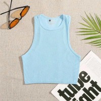 Elastic Solid Color Casual Street Style Elastic Basic Crop Tops - Blue
