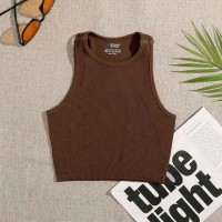 Elastic Solid Color Casual Street Style Elastic Basic Crop Tops - Coffee Brown
