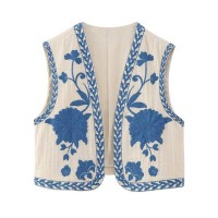 Vintage Floral Embroidered Indie Hippe Open Waist Coat Jacket - Blue
