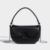 Top Handle Vegan Leather Crossbody Chain Saddle Bag - Black