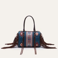 Multi-functional Designer Native American Pattern Print Tassels Handbag - Blue Polyester