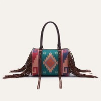 Multi-functional Designer Native American Pattern Print Tassels Handbag - Green Polyester