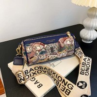Barrel Shaped Zipper Crossbody Kawaii Bear Pattern Bag - Blue