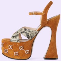 Peep Toe Cross Straps Platforms Rhinestones Ankle Buckle Straps Chunky Heels Sandals - Brown