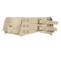 Street Style Punk Goth Rocker Rivet Decorated Buckle Straps Belt Purse Wallet - Beige Faux Leather