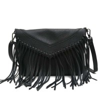 Envelope Style Fringe Tassel Decorated Shoulder Messenger Bags - Black Faux Leather