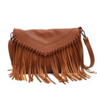 Envelope Style Fringe Tassel Decorated Shoulder Messenger Bags - Brown Faux Leather