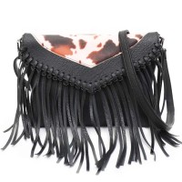 Envelope Style Cow Pattern Patchwork Tassel Decorated Shoulder Bags - Black Faux Leather
