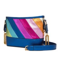 Multicolor Colorful Stripes Patchwork Chain Crossbody Hobo Bag - Blue Faux Leather