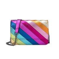 Small Rainbow Colorful Stripes Patchwork Square Flap Metal Chain Bag - FuchsiaFaux Leather