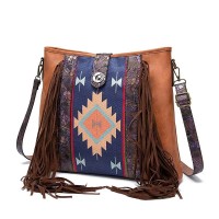Retro Style Native American Actec Print Tote Tassels Large Size Bag - Brown Faux Leather