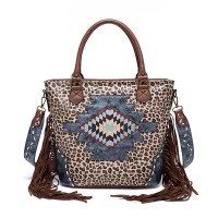 Retro Style Native American Leopard Print Tote Bucket Tassels Large Size Bag - Tan Faux Leather