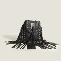 Rivet Deocated Tassel Western Cowboy Style Rocker Shoulder Bag - Black Faux Leather