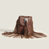 Rivet Deocated Tassel Western Cowboy Style Rocker Shoulder Bag - Brown Faux Leather