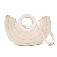 Half Round Cross body Shoulder Drawstring Liner Top-handle Tote Purses Bags - Beige Faux Leather