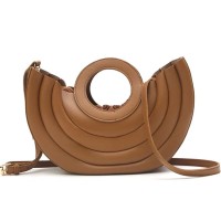 Half Round Cross body Shoulder Drawstring Liner Top-handle Tote Purses Bags - Brown Faux Leather