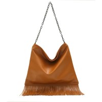 Bohemian Tassel Fringe Chain Decorated Hobo Crossbody Daily Shoulder Bag - Brown Faux Leather