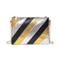 Funky Metallic Color Stripes Square Clutch Metal Chain Bag - Black Faux Leather