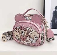 Oblique Straddle Zipper Shoulder Kawaii Bear Pattern Bag - Pink