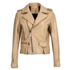 Rivet Decorated Genuie Leather Classic Motorcycle Biker Jackets - Beige