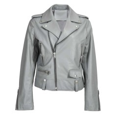 Rivet Decorated Genuie Leather Classic Motorcycle Biker Jackets - Gray