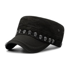 Hiphop Punk Style Skull Rivet Flat Peaked Army Hats - Black
